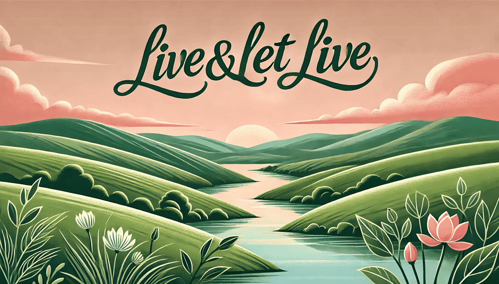 AI generated landscape with a river running down the middle. The 12 step slogan Live & Let Live is in the sky above the scene.