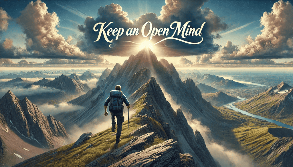 A hiker climbs a rugged mountain under a vast, open sky with soft clouds and a glowing horizon. The slogan 'Keep an Open Mind' is written in elegant, flowing script, symbolizing perseverance, open-mindedness, and growth.