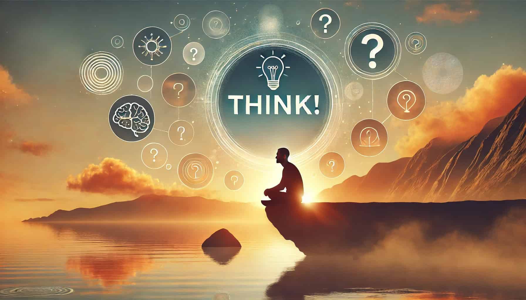 Man sitting on the edge of a vast lake with thought bubbles above him.
